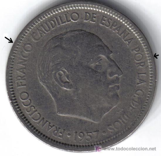 Monedas con errores: ESPA&Ntilde;A 5 PESETAS 1957 * 65 REPINTADA AMBAS CARAS - Foto 1