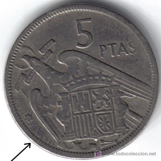 Monedas con errores: ESPA&Ntilde;A 5 PESETAS 1957 * 65 REPINTADA AMBAS CARAS - Foto 2