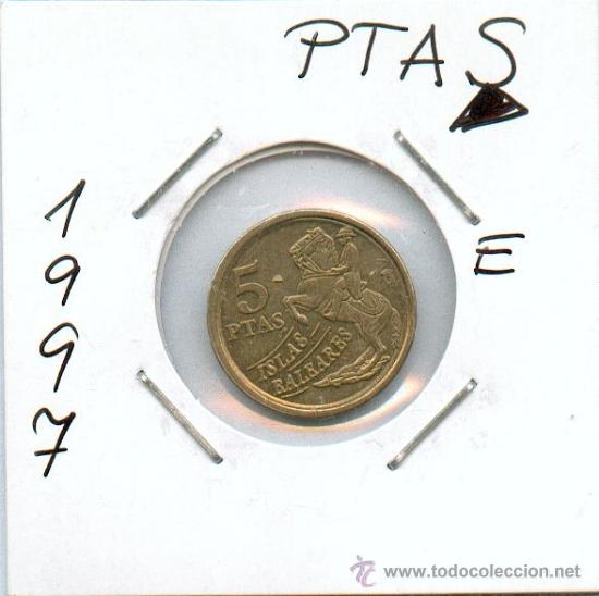 Monedas con errores: * ERROR *. 5 PESETAS A&Ntilde;O 1997. EXCESO DE METAL EN FORMA DE TRIANGULO EN LA PALABRA PTAS - Foto 2