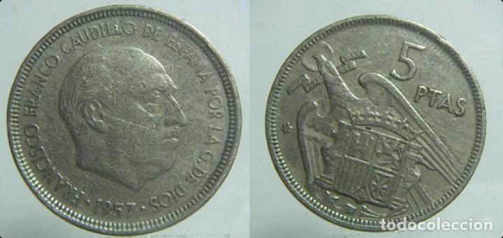 Monedas con errores: Error de acu&ntilde;acion en moneda de 5 pesetas 1957 *59 virola repintada encima del 5 - Foto 1