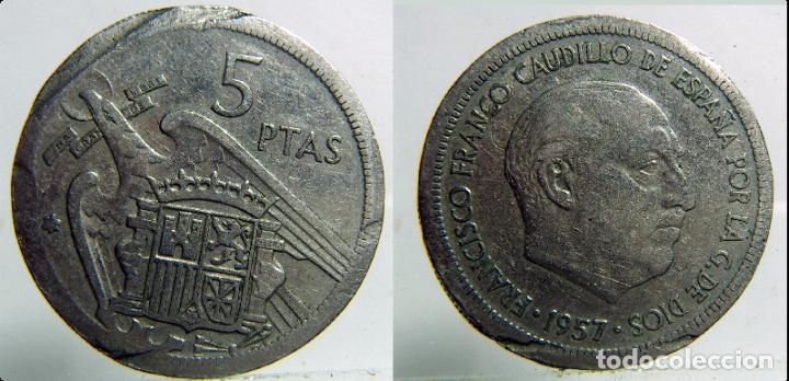 Monedas con errores: ESTADO ESPA&Ntilde;OL 5 PESETAS 1957 ERROR ROTURA DE CU&Ntilde;O - Foto 1