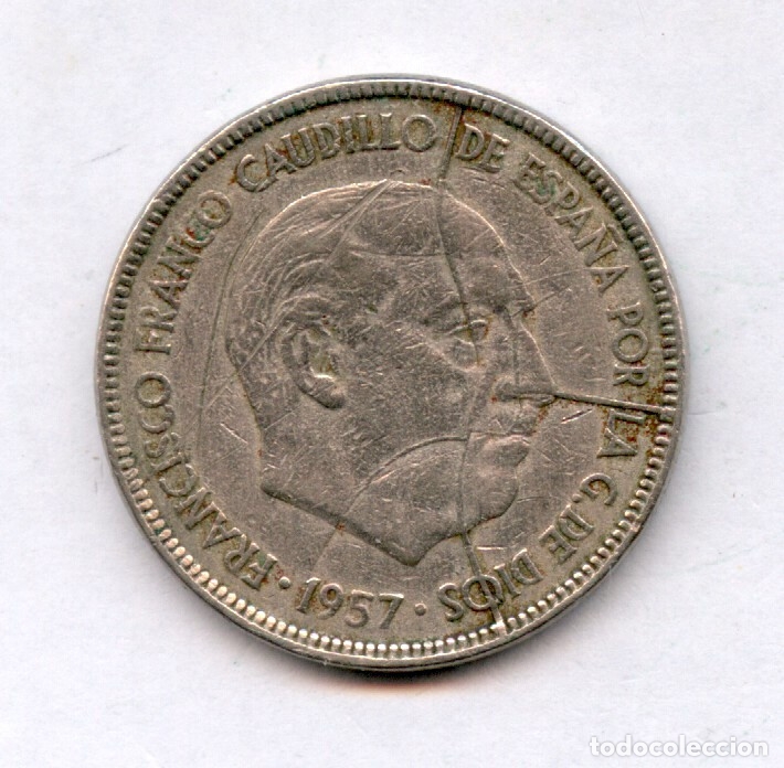 Monedas con errores: * ERROR IMPRESIONANTE * 5 PTAS 1957 CU&Ntilde;O PARTIDO EN ANVERSO - Foto 1
