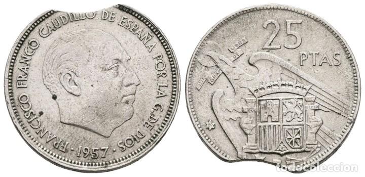 Monedas con errores: *** BONITAS 25 PESETAS 1957 *67 DE ESTADO ESPA&Ntilde;OL. CON ERROR: SEGMENTADO. RARO *** - Foto 1