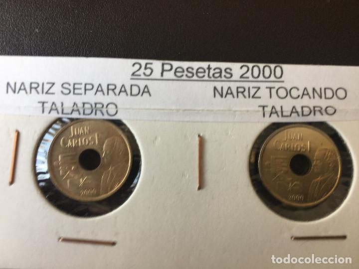 Monedas con errores: ## Error # 25 pesetas 2000. SC. Nariz Separada / Tocando Taladro - Foto 1
