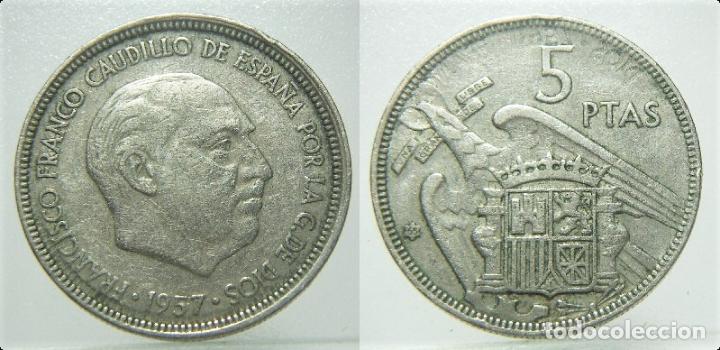 Monedas con errores: Moneda de 5 pesetas Estado Espa&ntilde;ol 1957*65 Error Repinte nitido - Foto 1