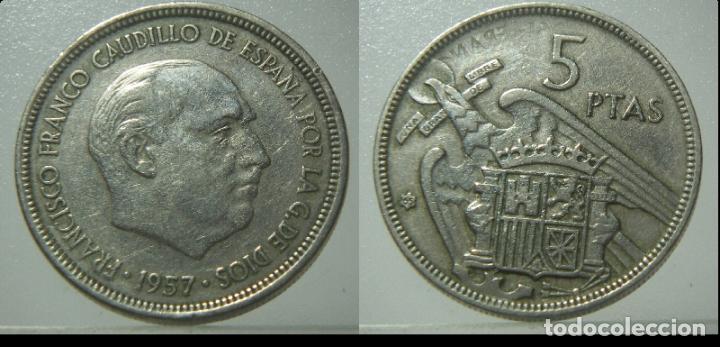 Monedas con errores: Moneda de 5 pesetas Estado Espa&ntilde;ol 1957*65 Error Repinte nitido - Foto 1