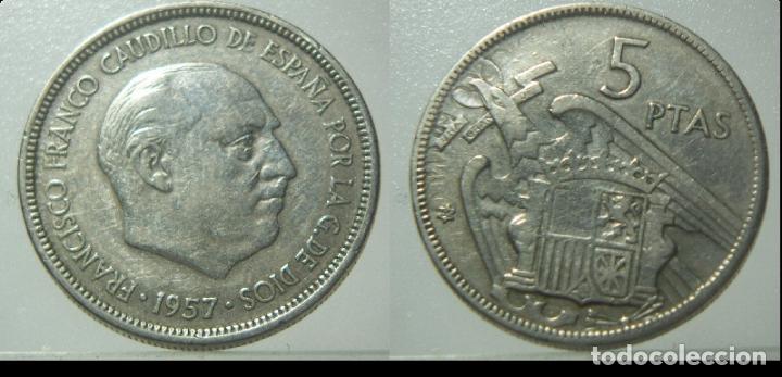 Monedas con errores: Moneda de 5 pesetas Estado Espa&ntilde;ol 1957*65 Error Repinte en el Pico y la Estrella - Foto 1