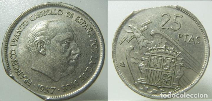 Monedas con errores: Moneda de 25 pesetas Estado Espa&ntilde;ol 1957*69 Error Final de Riel - Foto 1