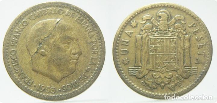 Monedas con errores: MONEDA DE 1 PESETA 1953 ERROR HOJA EN ANVERSO - Foto 1