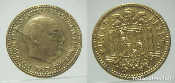 Monedas con errores: MONEDA DE 1 PESETA 1963 ERROR CU&Ntilde;O ROTO EN TRES SITIOS - Foto 1