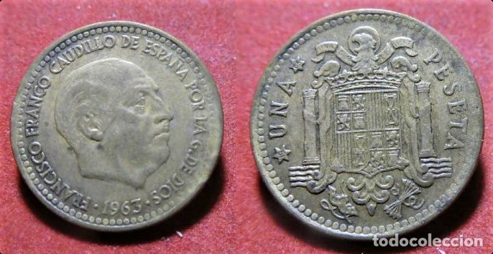 Monedas con errores: Error de acu&ntilde;acion en moneda de 1 peseta 1963 * 65 Canto corona - Foto 1