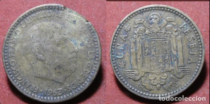 Monedas con errores: Error de acu&ntilde;aci&oacute;n moneda de 1 Peseta 1963*65 Segmentada final de riel - Foto 1