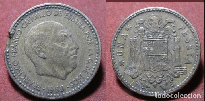 Monedas con errores: Error de acu&ntilde;aci&oacute;n moneda de 1 Peseta 1953*63 Segmentada final de riel - Foto 1