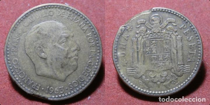 Monedas con errores: Error de acu&ntilde;aci&oacute;n moneda de 1 Peseta 1963 Segmentada final de riel - Foto 1