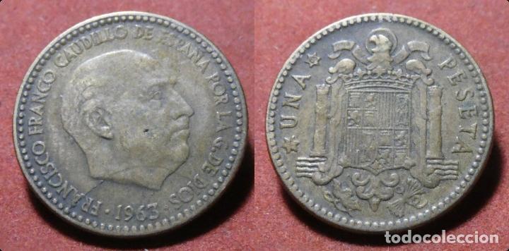 Monedas con errores: Error de acu&ntilde;aci&oacute;n moneda de 1 Peseta 1963*65 Hoja saltada - Foto 1