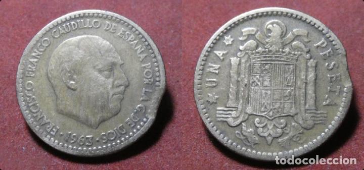 Monedas con errores: Error de acu&ntilde;aci&oacute;n moneda de 1 Peseta 1963 Segmentada final de riel - Foto 1