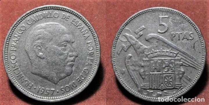 Monedas con errores: Error de acu&ntilde;aci&oacute;n moneda de 5 Pesetas 1957*65 Repintada muy Nitida - Foto 1
