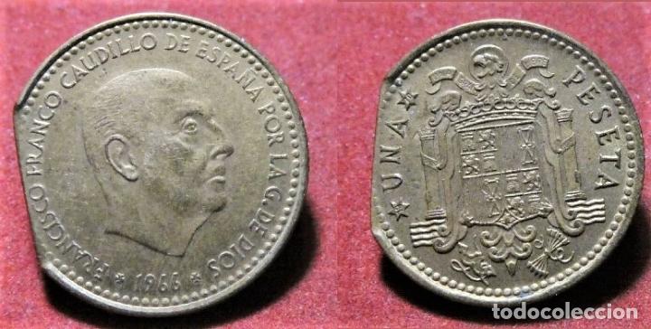 Monedas con errores: Error de acu&ntilde;aci&oacute;n moneda de 1 Peseta 1966*70 Segmentada final de riel - Foto 1