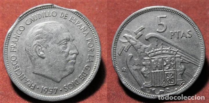 Monedas con errores: Error de acu&ntilde;aci&oacute;n moneda de 5 Pesetas 1957*75 Doble segmentada - Foto 1