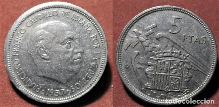 Monedas con errores: Error de acu&ntilde;aci&oacute;n moneda de 5 Pesetas 1957*75 Canto Corona - Foto 1
