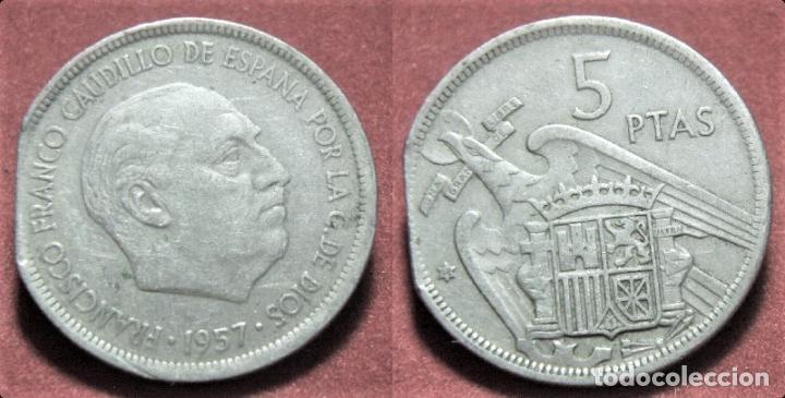 Monedas con errores: Error de acu&ntilde;aci&oacute;n moneda de 5 Pesetas 1957*68 final de riel - Foto 1