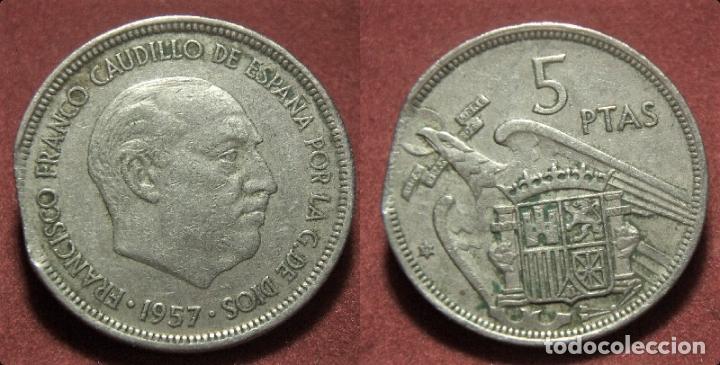 Monedas con errores: Error de acu&ntilde;aci&oacute;n moneda de 5 Pesetas 1957*71 final de riel - Foto 1