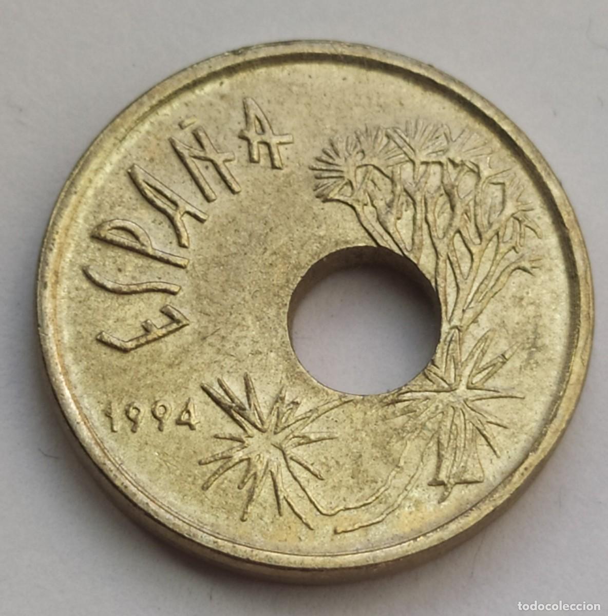 Monedas con errores: ## error- 25 Pesetas 1994 Taladro desplazado ## - Foto 1
