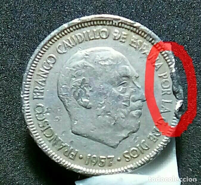 Monedas con errores: Variante error 5 pesetas 1957*63 en el canto derecho exceso de material MBC. - Foto 1
