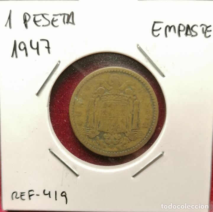 Monedas con errores: 1 peseta 1947 * cu&ntilde;o descantillado empaste reverso - Foto 1