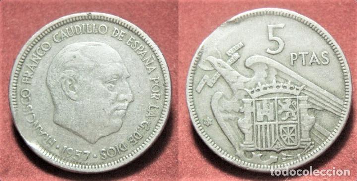 Monedas con errores: Error de acu&ntilde;aci&oacute;n moneda de Estado Espa&ntilde;ol 5 Pesetas 1957*65 Segmentada final de riel - Foto 1
