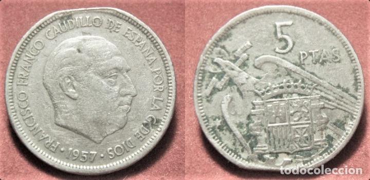 Monedas con errores: Error de acu&ntilde;aci&oacute;n moneda de Estado Espa&ntilde;ol 5 Pesetas 1957 final de riel - Foto 1