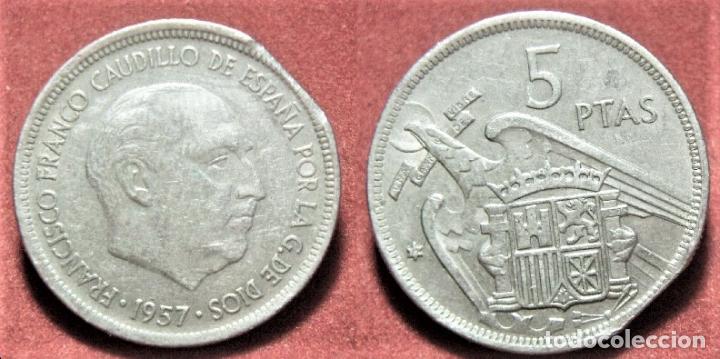Monedas con errores: Error de acu&ntilde;aci&oacute;n moneda de Estado Espa&ntilde;ol 5 Pesetas 1957*71 final de riel - Foto 1