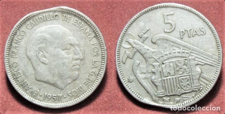 Monedas con errores: Error de acu&ntilde;aci&oacute;n moneda de Estado Espa&ntilde;ol 5 Pesetas 1957 final de riel - Foto 1