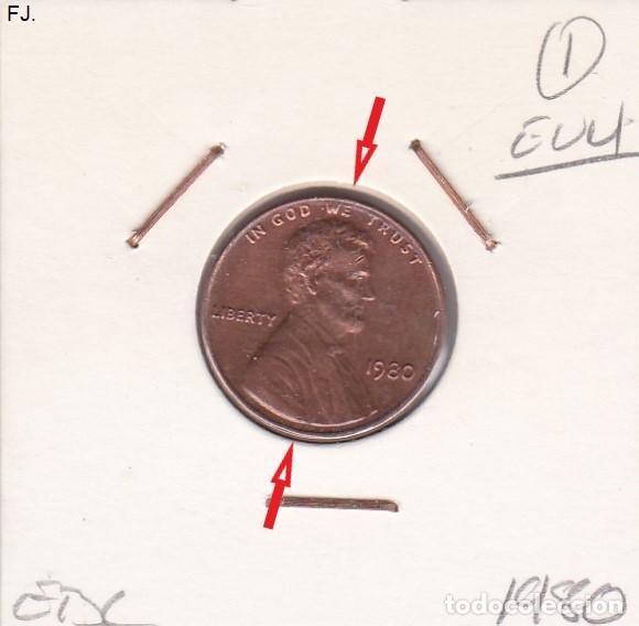 Monedas con errores: Moneda 1 Cent 1980 E Unidos. Error, Descentrada. Ebc. - Foto 1