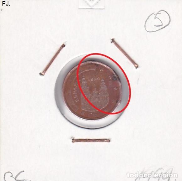 Monedas con errores: Moneda 1 Cent de Euro 1999 Espa&ntilde;a. Error, Exceso de Metal. Anv y Rev Bc. - Foto 1
