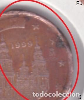 Monedas con errores: Moneda 1 Cent de Euro 1999 Espa&ntilde;a. Error, Exceso de Metal. Anv y Rev Bc. - Foto 2