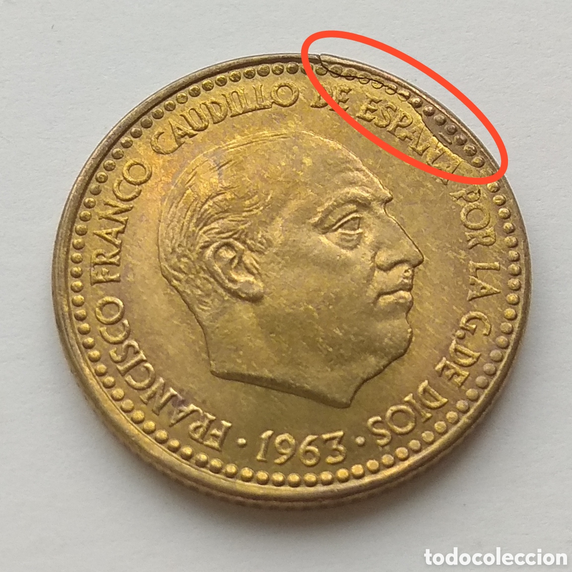 Monedas con errores: MONEDA 1 PESETA 1963 ☆ 64 ERROR ROTURA DE COSPEL - Foto 2