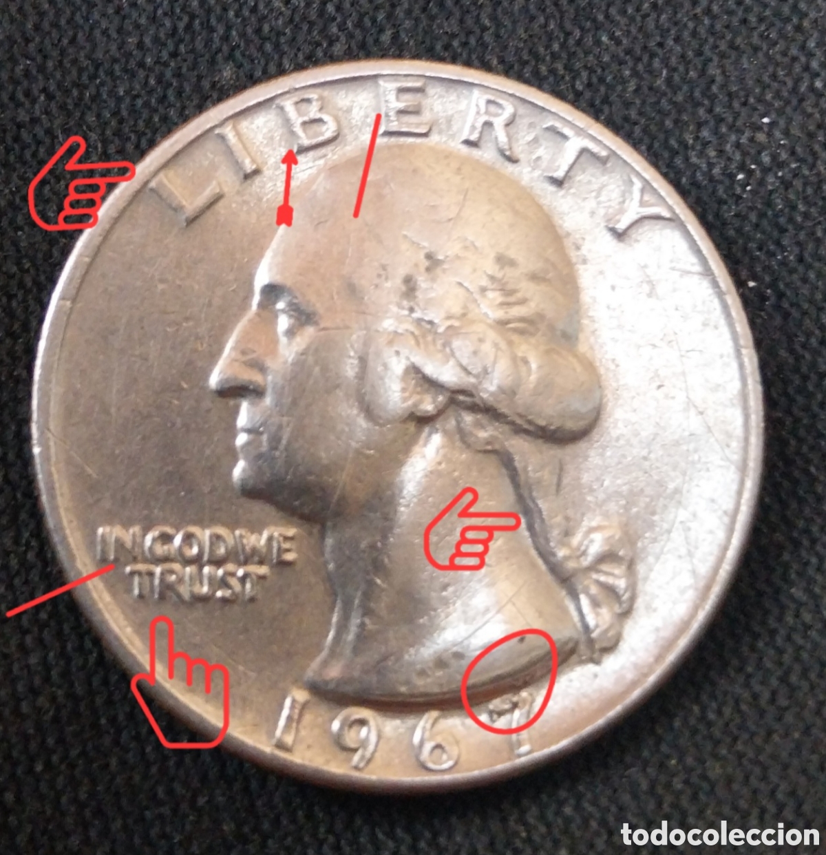 Monedas con errores: Cuarto Dollar EEUU 1967 con errores de acu&ntilde;aci&oacute;n distintivos. - Foto 5
