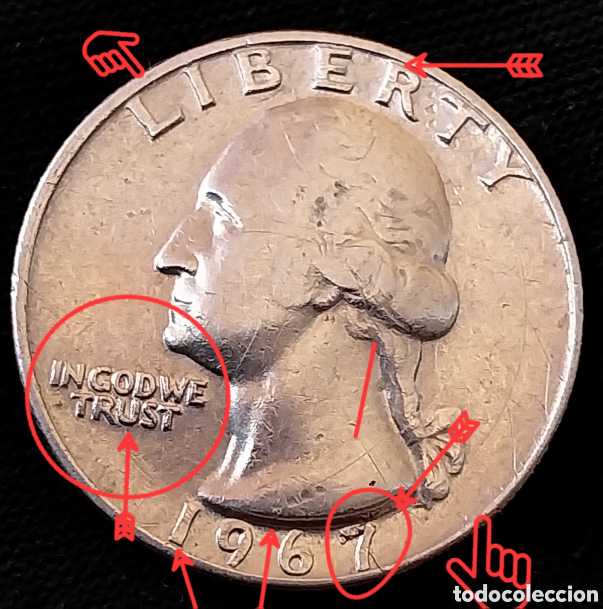 Monedas con errores: Cuarto Dollar EEUU 1967 con errores de acu&ntilde;aci&oacute;n distintivos. - Foto 1