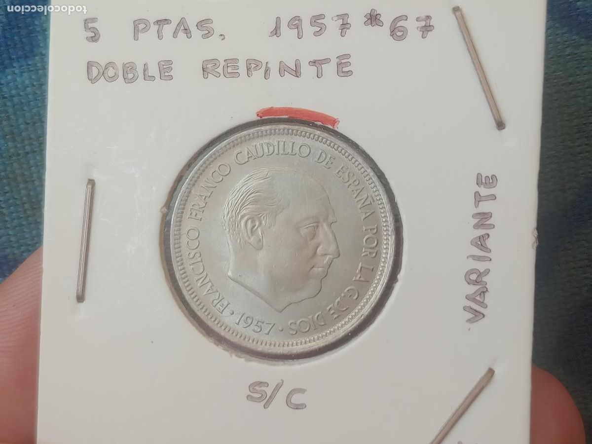 Monedas con errores: Encartonada: 5 pesetas 1957 estrella 67 SC. DOBLE REPINTE - Foto 1
