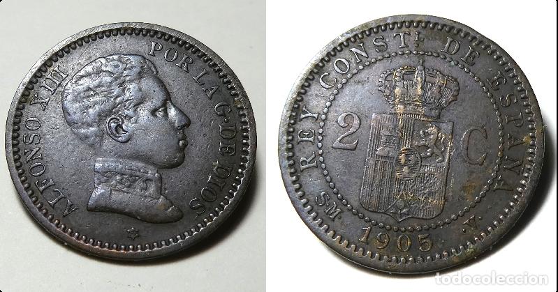 Monedas con errores: Moneda Alfonso XIII 2 centimos 1905 ERROR estrella invertida - Foto 1