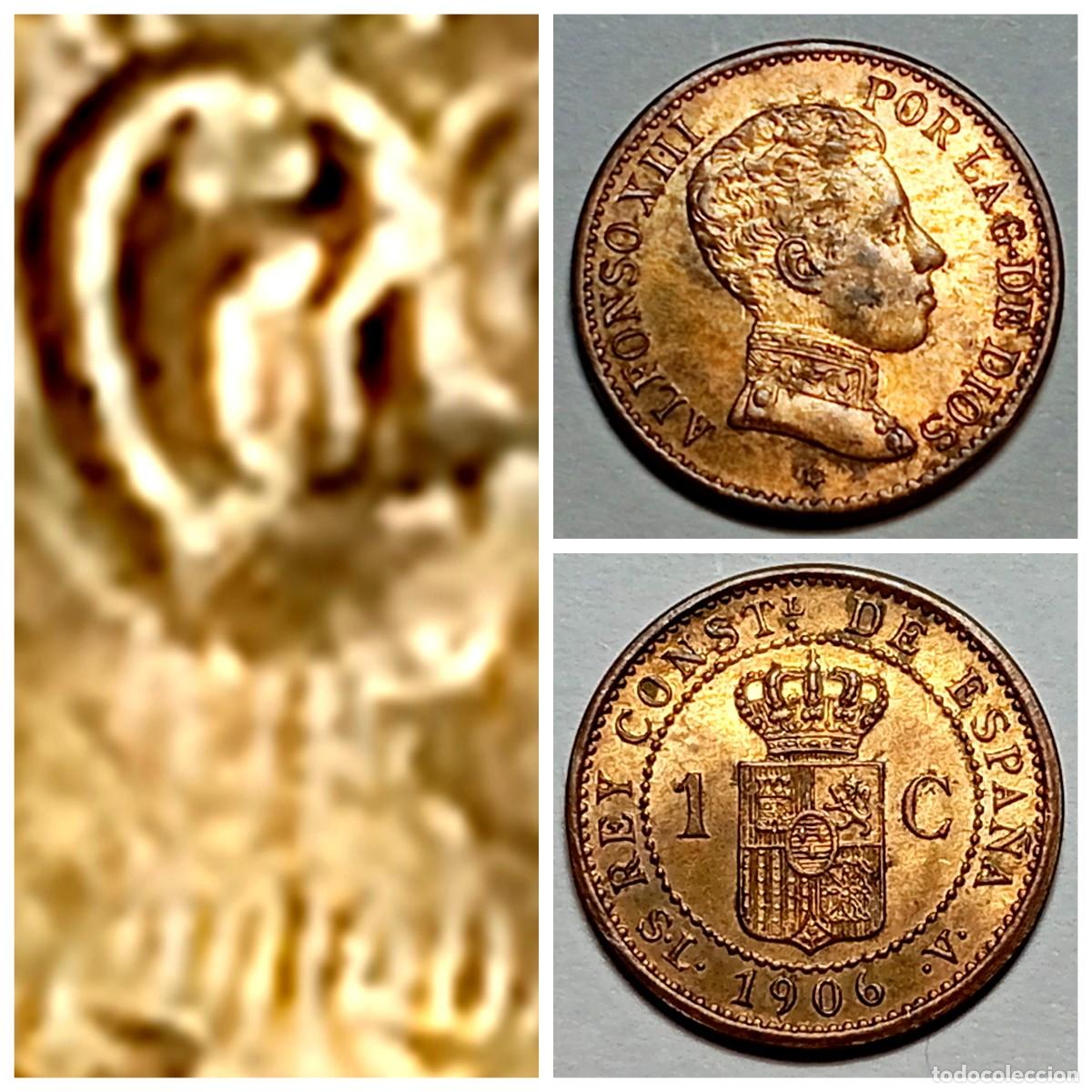 Monete con errori: ⚜️ BAV2 0. Variante. 1906 *06 SL V. 1 céntimo. Oreja y cuello rayados