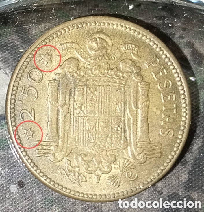 Monedas con errores: 2,50 Ptas 1953 Franco - Estrellas 13-56 Error Cu&ntilde;o - MBC - Foto 3