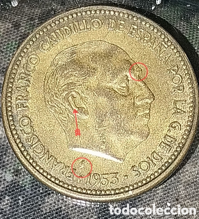 Monedas con errores: 2,50 Ptas 1953 Franco - Estrellas 13-56 Error Cu&ntilde;o - MBC - Foto 5