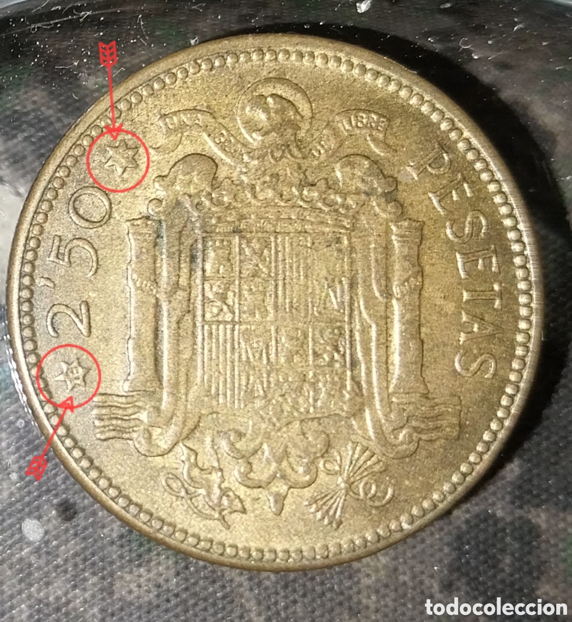 Monedas con errores: 2,50 Ptas 1953 Franco - Estrellas 13-56 Error Cu&ntilde;o - MBC - Foto 6