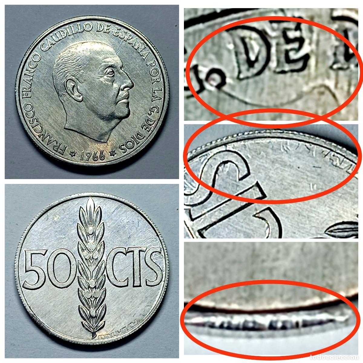 Monedas con errores: ⚜️ # BAT2 4. M&uacute;ltiples errores. 50 c&eacute;ntimos 1966 *73 S/C. Segmentada, repintes, estriada - Foto 1