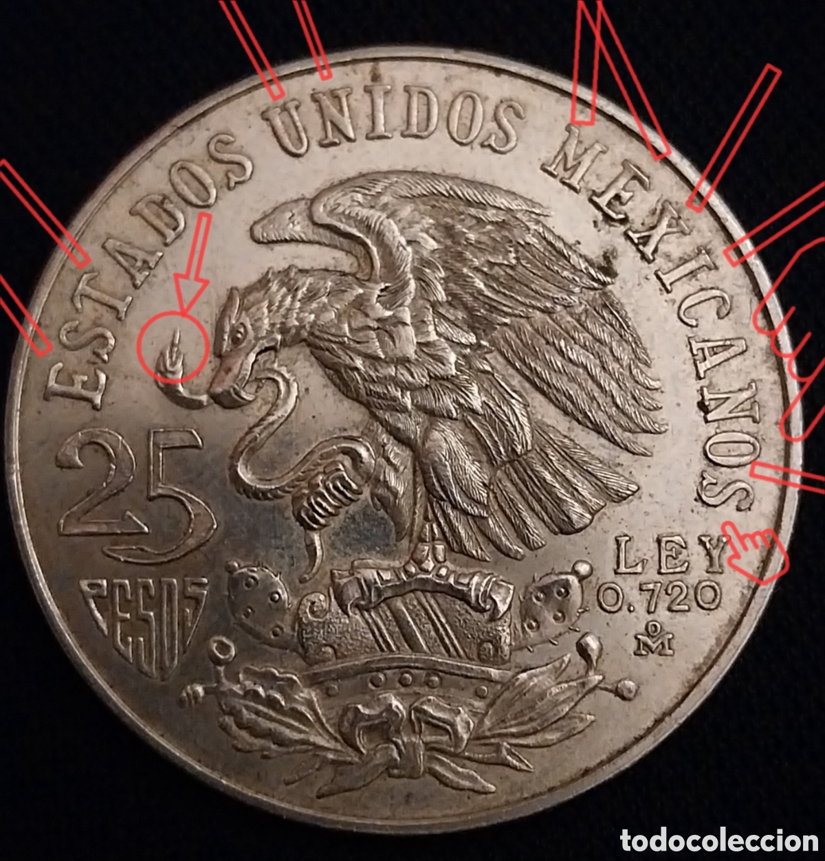 Monedas con errores: 25 pesos M&eacute;xico ERROR Lengua serpiente - Foto 2
