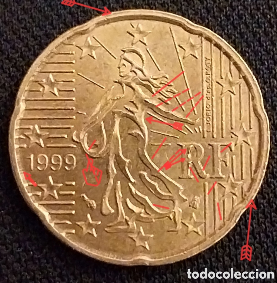 Monedas con errores: Francia 1999- ERROR M&Uacute;LTIPLE Choque+Rotura Cu&ntilde;o+Laminaci&oacute;n - Foto 2