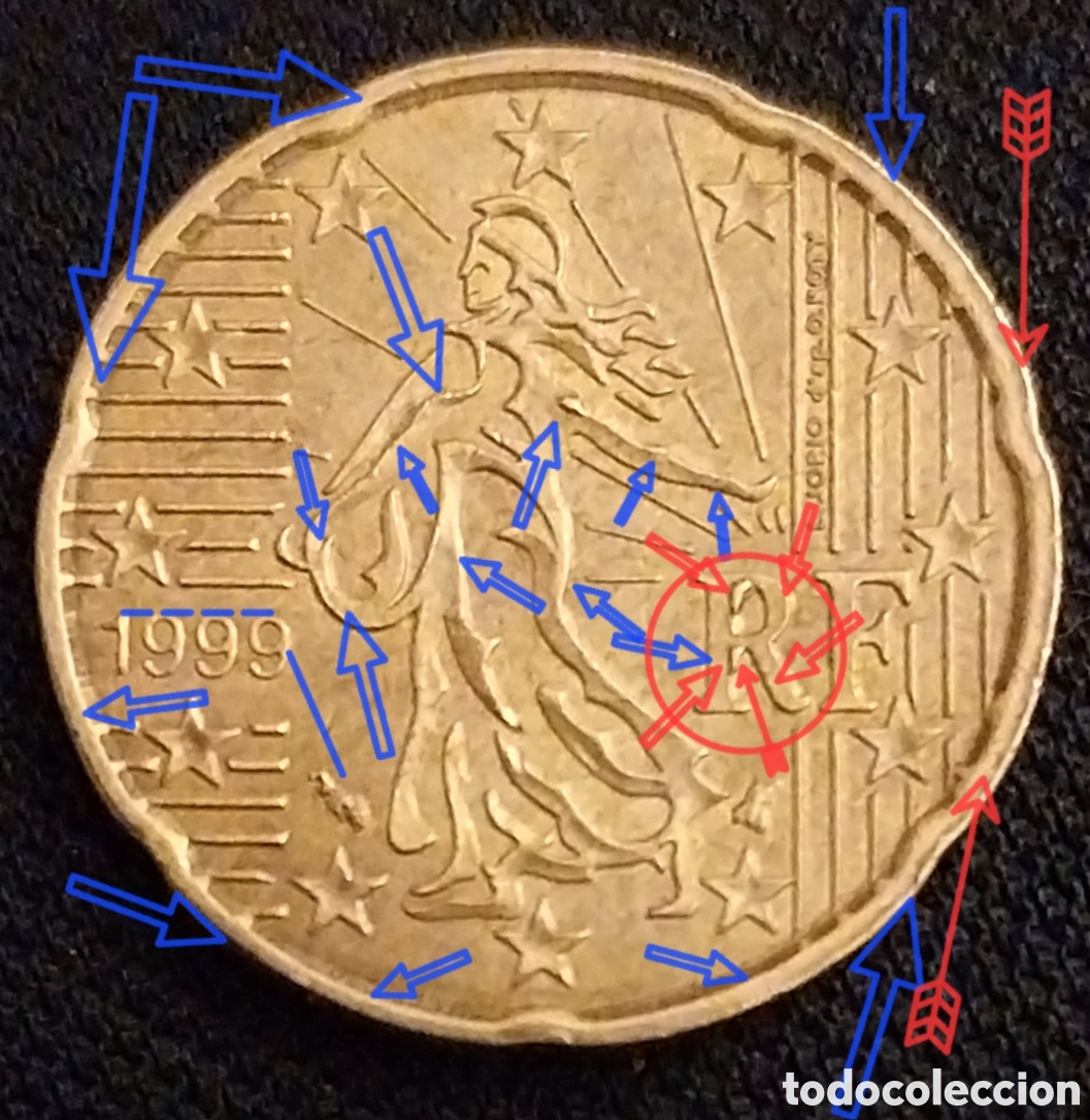 Monedas con errores: Francia 1999- ERROR M&Uacute;LTIPLE Choque+Rotura Cu&ntilde;o+Laminaci&oacute;n - Foto 4