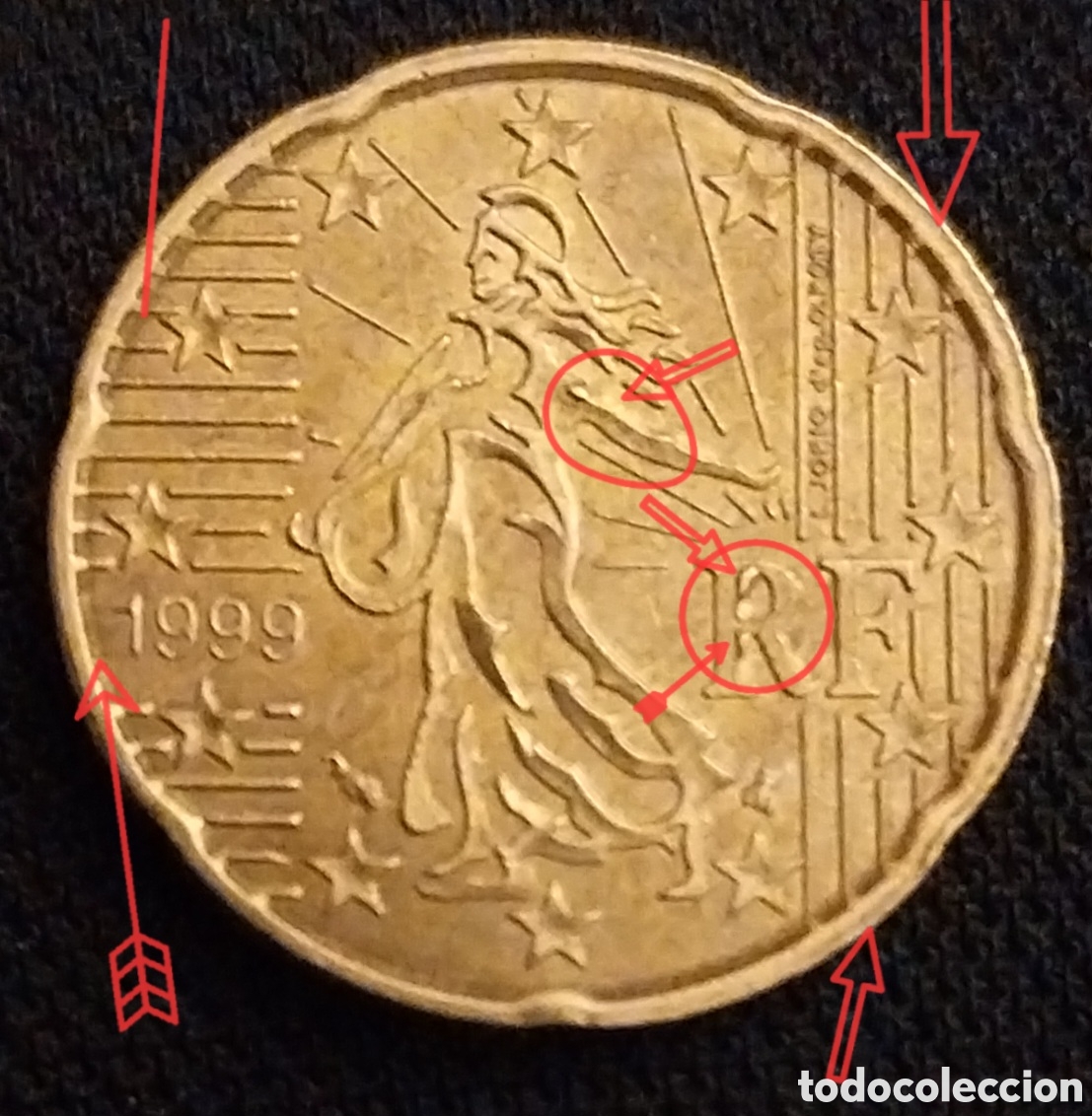 Monedas con errores: Francia 1999- ERROR M&Uacute;LTIPLE Choque+Rotura Cu&ntilde;o+Laminaci&oacute;n - Foto 9